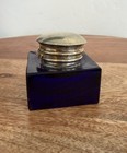 Antique Square Deep Cobalt Blue Glass Inkwell With Snap Hinged Lid