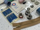 Vtg Assorted Sewing Notions Buttons Thread Spools Some Wooden In Round Red Tin
