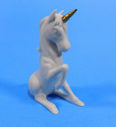 Vintage White Bisque Ceramic Sitting Unicorn Figurine Gold Twist Horn Mythical
