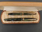 W  A  Sheaffer s Fountain Pen   Pencil Set Green Striated 14k Gold Tip White Dot