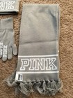 Victoria s Secret Pink Knit Headband And Gloves And Scarf Grey White Logo New