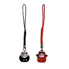 Set Of 2 Lucky Cat Bell Charm Red Black Maneki Neko Mobile Cell Phone Strap New