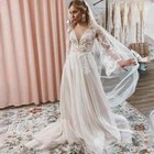Boho Wedding Dresses V-neck Long Sleeve Corset A-line Lace Applique Bridal Gown