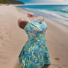 Vtg 60s Bathing  Suit Dress Gabar 16 Built In Bra White Blue Green Daisy Print