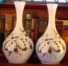 Antique Pair 2 Vases Bristol Glass Hand Painted Feathers Blue White Victorian