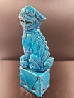 Vintage Chinese Blue Turquoise Foo Dog Lion Statue 6 25  Glazed Porcelain E15