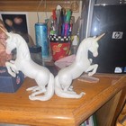 Fantasy Pair Of White Rearing Unicorn Figurines With Gold Horns  Floral Detail
