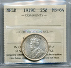 1919c Newfoundland 25 Cents - Choice Uncirculated  Iccs Ms64