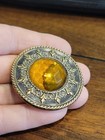 Large Glass In Metal Button- Gay 90s  Amber Colored Gem Set In Brass With Border