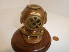 Vtg Mini Small Brass   Copper Replica Deep Sea Divers Diving Helmet 4  Wood Base
