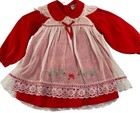 Vtg Mayfair Baby Girls Red White Christmas Embroidered Lace Pinafore Dress 18m