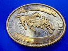 Rodeo Cowboy Trophy Style Two Award Ribbons Nickel Silver Vintage Belt Buckle