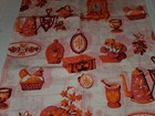 Vintage Retro 1950s Mid Century Modern Kitchen Fabric Pink Orange Pots Dishes  2