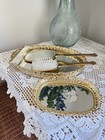 Vtg Goldtone Filigree Standing Mirror Tray Brush Comb Hand Mirror Vanity Set 60s