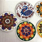 Handmade In Greece Set Of 7 Ceramic Tile Colorful Circle Coasters With Tray