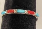 Vintage Navajo Sterling Silver Turquoise   Coral Cuff Bracelet Signed Nastacio