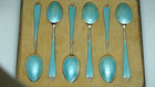 Vintage Birmingham Six Sterling Silver Guilloche Soft Teal Enamel Spoons C  1932