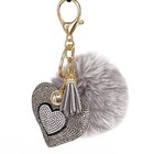 Cute Keychain Faux Fur Pompom With Crystal Heart - Fluffy Fur Ball Keychain 