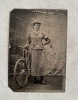 Antique Photo Tintype Young Lady Poses With Bicycle