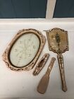Vtg 4pc Vanity Set Beveled Pearlized Embossed Amber Dresser Tray Mirror Shoehorn