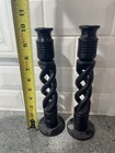 Vtg Open Barley Twist Ebony Wood Candlesticks Candle Holders 10    Tall