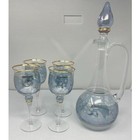 Vtg Bohemian Blue Floral Etched Glass Decanter Wine Goblets Set Of 5 Gold Trim