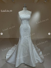 Satin Mermaid Wedding Dresses Sweep Train Lace Applique Strapless Bridal Gowns