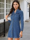 Allegra K Women s Denim Dress Button Down Collar V Neck Long Sleeve A-line