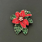 Ladies Red Green   Ab Rhinestone Christmas Poinsettia Flower Brooch Pin