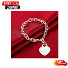 925 Sterling Silver Heart Pendant Thick Chain Bracelet Women Fashion Jewelry