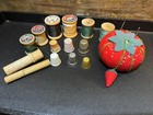 Vintage Sewing Lot Of Wood Spools And Thread  6 Thimbles  Strawberry Pin Cushin