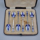 Sterling Silver   Blue Guilloche Enamel Spoons Set By Turner   Simpson Ltd 1933
