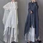 Lady Irregular Shirt Long Blouse Dress Button Loose Vintage Casual White Ethnic