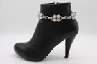 Women 2pcs Silver Metal Boot Chain Bracelet Bling Rhinestones Charm Shoe Anklet