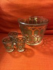 Culver 1960s Glass Bucket 22k Gold   Green Geometric   3 Shot Glasses