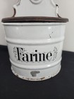 Antique French Farine Enamelware Wall Hung White   Black Kitchen Canister