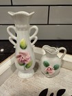 Small Japan Porcelain White Bud Vase And Pitcher With Raised Stemmed Pink Rose