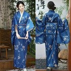 Vintage Blue Japanese Kimono Women Yukata Cosplay Geisha Dress With Obi