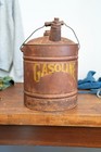 Vtg Antique Gasoline Motor Oil 5 Gallon Can With Lid And Spout Gas Wood Handle