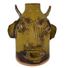 Johnny Lee Alabama Folk Art Face Jug Mustard Yellow Pottery Horns Tusks 2000s