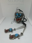Vtg Zuni Sterling Silver Turquoise Bolo Tie Snakes Heavy Gauge 121 G  Calavaza