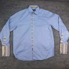 Senior Romano Dress Shirt Mens Large Blue Herringbone Contrast Cuff Made Italy