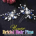 Flower Bride Wedding Hair Pins 2 Pcs Silver Leaf Pearl Bridal Pieces Accessory