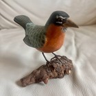 American Robin On Driftwood Log  Glass Eye Hand Painted Wood Carving 