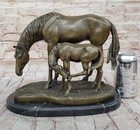 Equestrian Arabian Horse Mare Foal Farm Breeder Bronze Marble Statue Sculpture