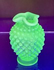 Vintage Fenton Green Uranium Vase Hobnail Opalescent Ruffled Edge Rare 4   