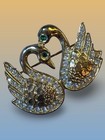 Twin Swan Heart Brooch Gold Tone Rhinestone Love Birds Figural Pin Vintage