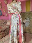 Vintage 1940s 50s Quilted Satin Floral Robe With Structured Shoulders  Size S-m