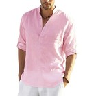 Men s Cotton Linen Henley Long Sleeve Shirt Casual Beach T-shirt Tee Summer Gift