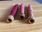 3 Vintage Textile Mill Wooden Bobbins Spools Pink Burgundy Thread Metal Rings